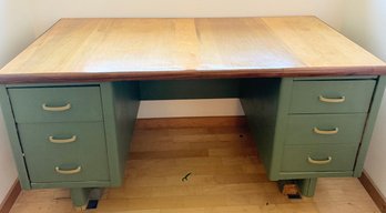 MCM 6 Drawer Solid Wood Top Desk Painted Green
