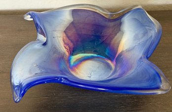 Lavorazione Arte Murano Art Glass Iridescent Blue Bowl Made In Italy