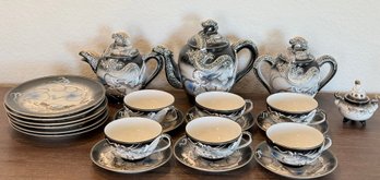 Vintage Japanese Dragon Ware Tea Set, Black & White Raised Moriage Porcelain Teapot Creamer Sugar Cups Saucers