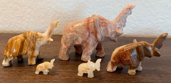 (5) Vintage Hand Carved Alabaster And Pink Marble Elephant Figurines