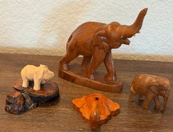 (4) Vintage Wood Carved Elephant Figurines And Wall Hanging