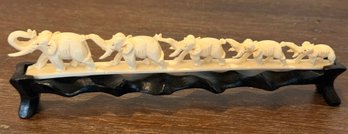 Line Of 5 Hand Carved Elephants On Ebony Wood Base