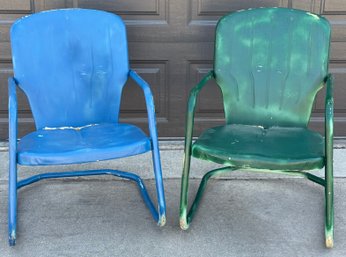 Blue And Green Vintage Mid Century Metal Clam Shell Back Patio Chairs