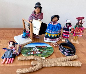 Lot Of Hand Made Bolivian Soft Sculpture Dolls Artesemia Sorata, 1980s Navajo Doll Weaving On Loom