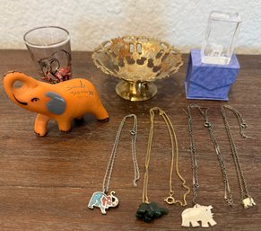 (4) Elephant Pendants On 18 Necklaces - MOP, Turquoise, Jadeite, Santo Damingo, Enamel  Brass Bowl