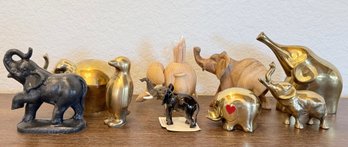 Vintage Elephant Figurines - Enesco, Brookfield Zoo, Wood, Solid Brass, Souvenir