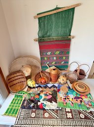 Vintage Peru Guatemala And Mexico Textiles And Baskets, Wall Hangings, Hand Woven Tapestry, And More