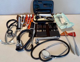 Assorted Medical Equipment - Stethoscopes, Weighted Tuning Forks, WA Medical Scope, Vintage Surgical Kit