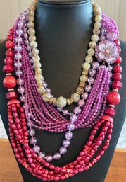 (3) Vintage Plastic Necklaces - Purple - Red - Green Multi Strand