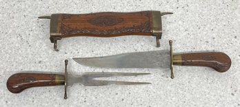 Vintage Carved Wood And Brass Carving Set