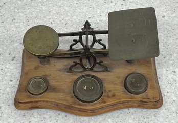 Antique Postal Rate Wood And Brass Balance Scale With Weights