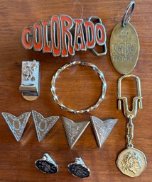 Vintage Silver Tone Collar Clips - Colorado Enamel Belt Buckle - Money Clip Key Rings