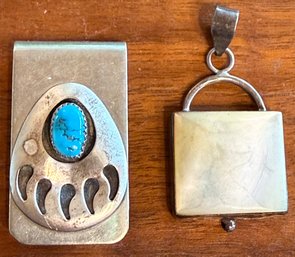 Navajo Sterling Silver & Turquoise Money Clip & Sterling Silver & Mother Of Pearl Pendant