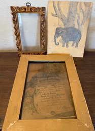Vintage Wood Frame With Glass Front, 1894 Antique Framed Marriage License (as Is), And A Elephant Pencil