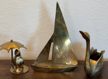 Vintage Brass Penguin, Swan, And Price Brass Sail Boat