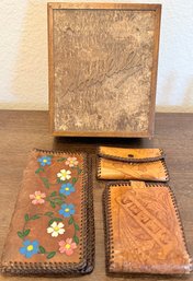 Vintage Honolulu Wood Souvenir Box And (3) Hand Tooled Leather Wallet And Coin Purse