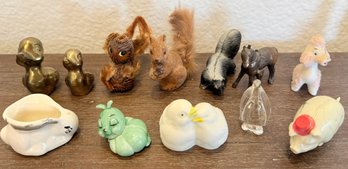Assorted Vintage And Antique Miniature Animals - Brass Ducks, Dept 56 Birds, Brass Horse, Celluloid Pig