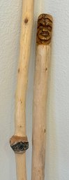 (2) Hand Carved Wood Walking Sticks - (1) With Carved Face