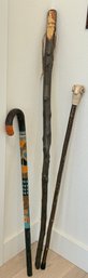 (3) Vintage Hand Carved Walking Sticks - Face, Big Horn Sheep, Hand Painted