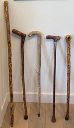 (5) Walking Sticks Canes - (3) Hand Carved, Snake Skin Covered (as Is), Metal