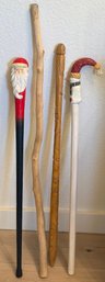 (4) Vintage Wood Walking Sticks - Santa, Snowman, Hand Carved, Stick