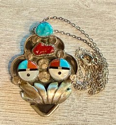 Vintage Zuni Inlay Sterling Silver Pendant Necklace W 18 Inch Sterling Silver Chain - 9 Grams