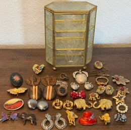 Glass 3 Shelf Display Box And Assorted Vintage Jewelry - Pins, Earrings, Buckles, And More