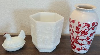 Vintage Milk Glass Rooster, Milk Glass Grape Fire King Bowl, And Anchor Hocking Bird Milk Glass Vase