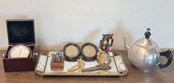 Vintage Mirrored Dresser Tray, Quartz Watch In Box, Switzerland Bell, Antique Razor, Frame, Tea Pot