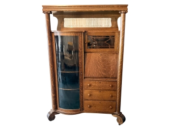 Antique Larkin Co. Solid Oak Victorian Transitional Secretary Display Cabinet With Casters And Mirror