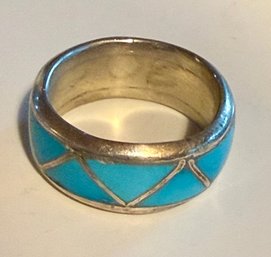 Vintage Old Pawn Navajo Sterling Silver Turquoise Inlay Ring Size 9.25 - Weight 8.25 Grams