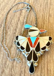 Vintage Zuni Inlay Sterling Silver Thunderbird Pendant W 18 Inch Sterling Chain -10.57 Grams