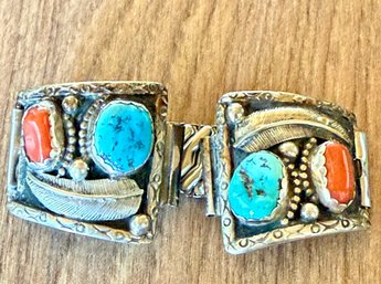 Vintage Fred Maloney Navajo Sterling Silver, Turquoise & Coral Watch Lugs 40.87 Grams