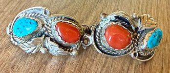 Vintage Fred Maloney Navajo Sterling Silver, Turquoise & Coral Watch Lugs - 22.03 Grams