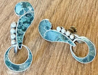 Vintage Taxco Mexico Sterling Silver And Jasper Screw Back Earrings - 5.27 Grams