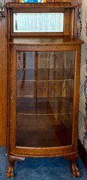 Antique Tiger Oak 3 Shelf Glass Cabinet With Claw Feet And Beveled Mirror