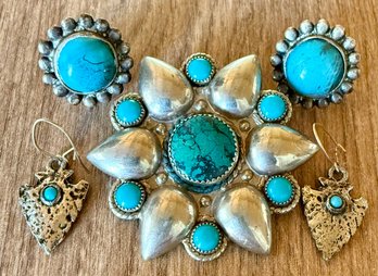 Bell Trading Co Nickel Silver Turquoise Pin - Sterling Silver & Turquoise Earrings & Arrow Silver Ton Earrings