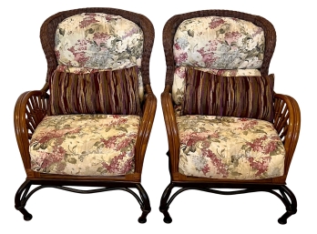 Pair Of BenchCraft Casual Living Rattan Arm Chairs With Wrought Iron Bases, Cushions, And Pillows