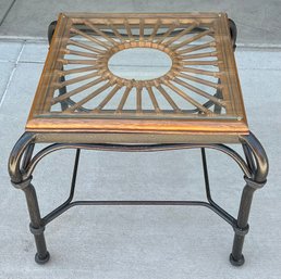 BenchCraft Casual Living Solid Wrought Iron Base Table With Rattan And Glass Top