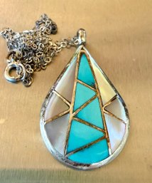 Vintage Zuni Inlay Sterling Silver MKL Pendant Turquoise & Mother Of Pearl W Sterling 18 In Chain  6.83 Grams