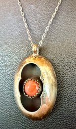 Vintage Navajo Shadowbox Sterling Silver Coral Pendant W Sterling 18 Inch Chain - 3.38 Grams