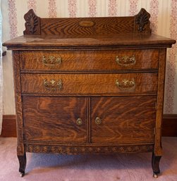 Antique Hayden Bros. Omaha Tiger Oak 2 Drawer 2 Door Dresser With Brass Pulls And Casters