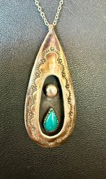 Vintage Navajo Sterling Silver Shadowbox Turquoise Pendant W 18 Inch Sterling Chain - 6.91 Grams