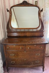 Antique Tiger Oak 4 Drawer Dresser With Brass Pulls And Mirror