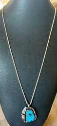 Navajo Julia Martinez Sterling Silver & Turquoise Pendant W 20 Inch Sterling Chain - 20.19 Grams