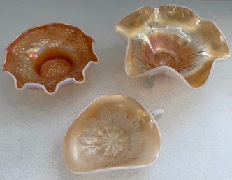 (3) Dugan Peach Opalescent - Cherry Footed Bowl, Holly Whirl Ruffled Bowl, Leaf Rays Nappy Bowl