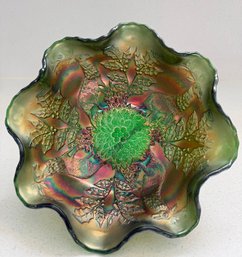 Antique Fenton Stag And Holly Carnival Glass Ruffled Footed Bowl