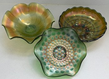 Millersburg Green Mayan Carnival Glass Bowl, Northwood Leaf And Bead Bowl, And Fenton Carnival Coin Dot Bowl