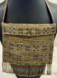 Rare Art Deco Antique Gold And Silver Metal Bead Purse With Blue Crystals And Suede Lining