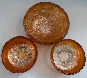 Dugan Marigold Garden Path Carnival Glass Bowl, (2) Dugan Rose Bowl Golden Grapes Carnival Glass Bowl